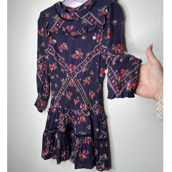 Rahi Cali Purple Multi Color Floral Print 3/4 Sleeve Ruffle Mini Dress XS - Picture 3 of 14